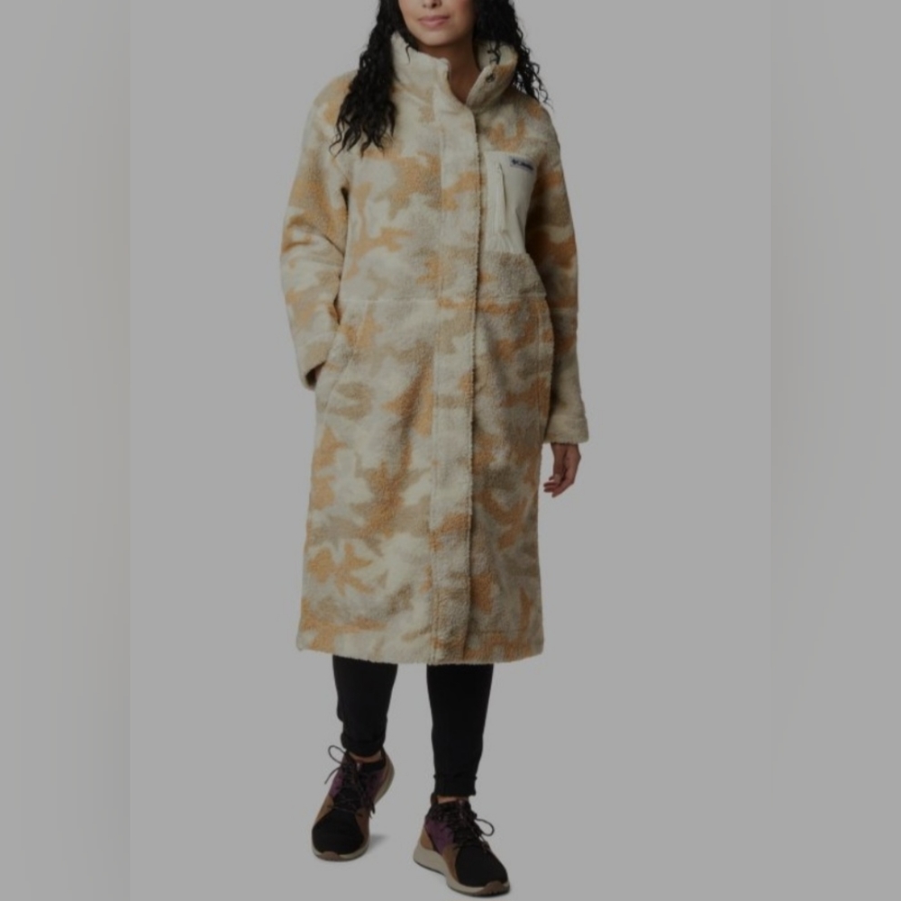 Columbia Long Plush Coat in Cream and Tan Camo